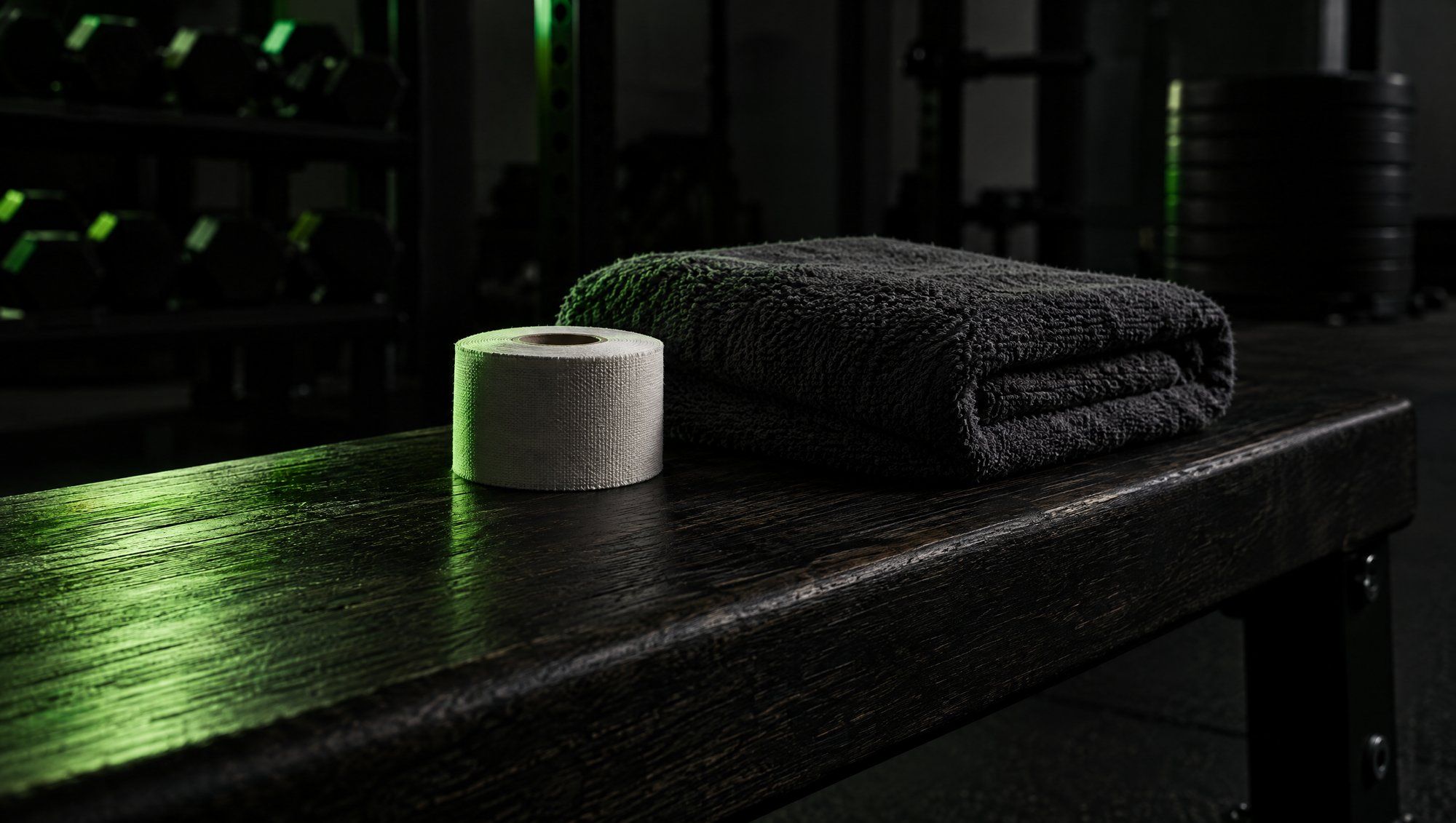 A roll of white athletic tape and a folded dark towel on a dark wooden gym bench, with green light raking across the wood.