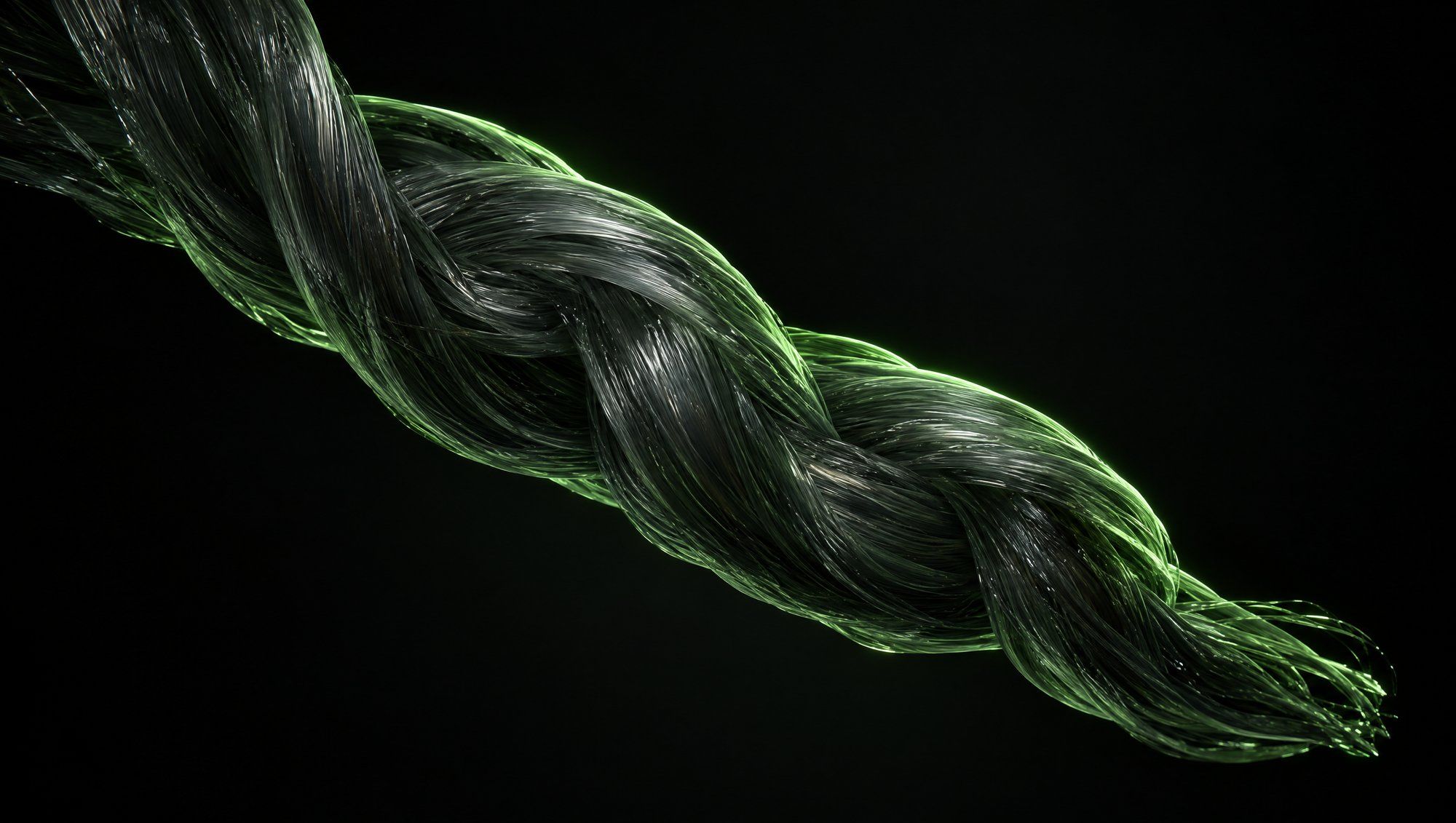 Many fine strands of smoky glass braided into one thick twisted strand, floating against black with green edge light.