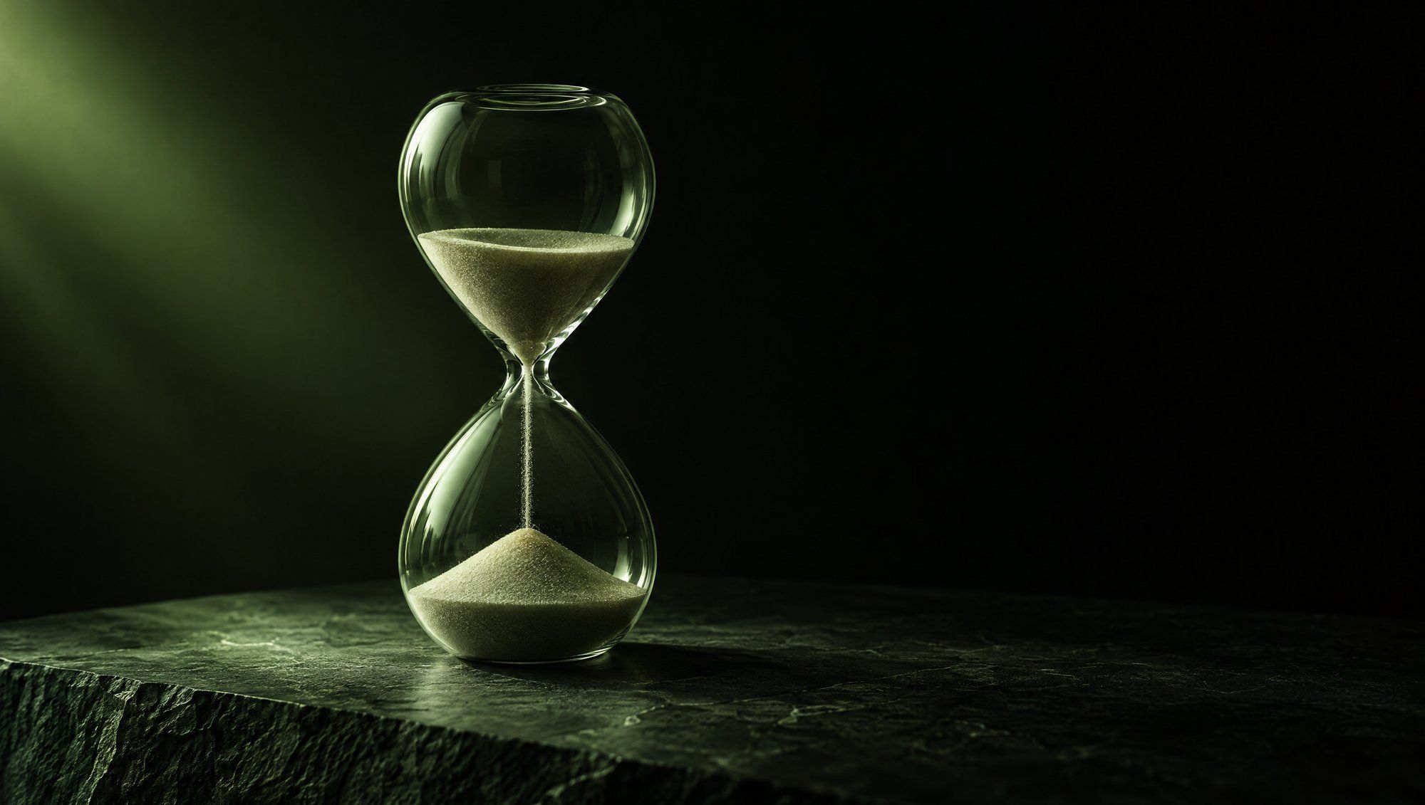 A glass hourglass with pale sand running through it, standing on dark stone in soft green side light.