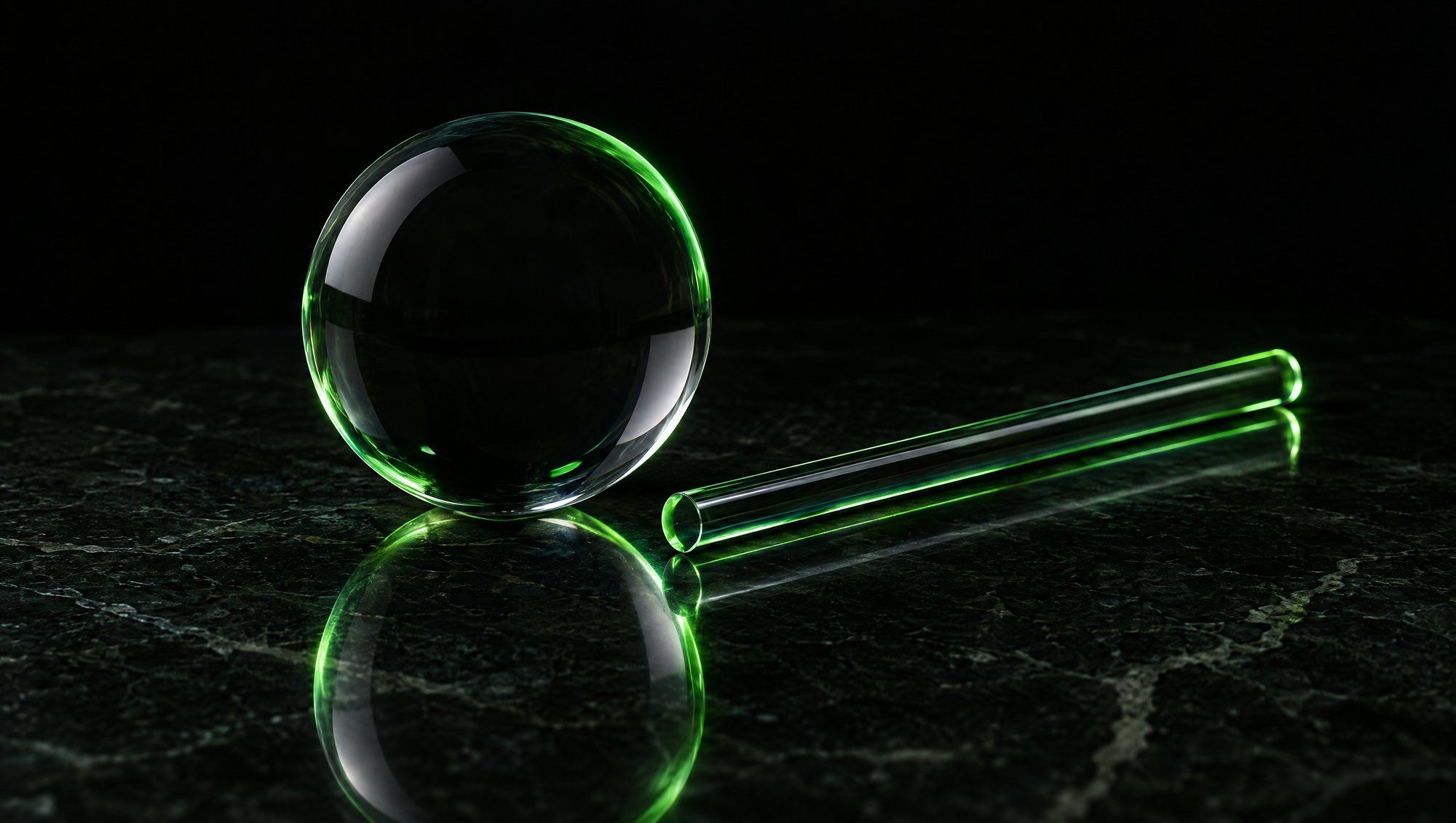 A clear glass sphere and a slender glass rod lying side by side on dark polished stone, edged in green light.
