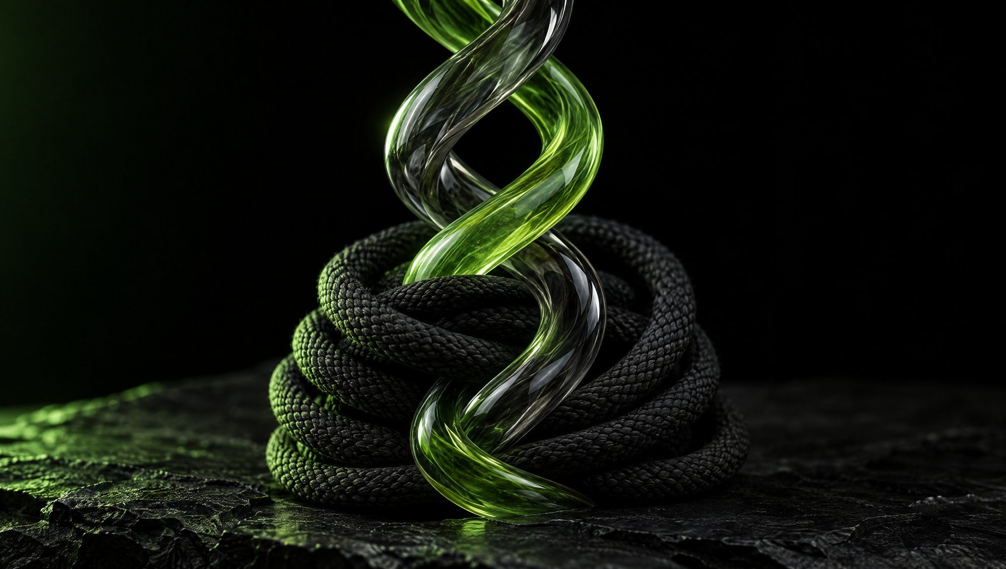 Two twisted glass strands, one glowing green and one clear grey, wound through a coil of dark climbing rope on black slate.