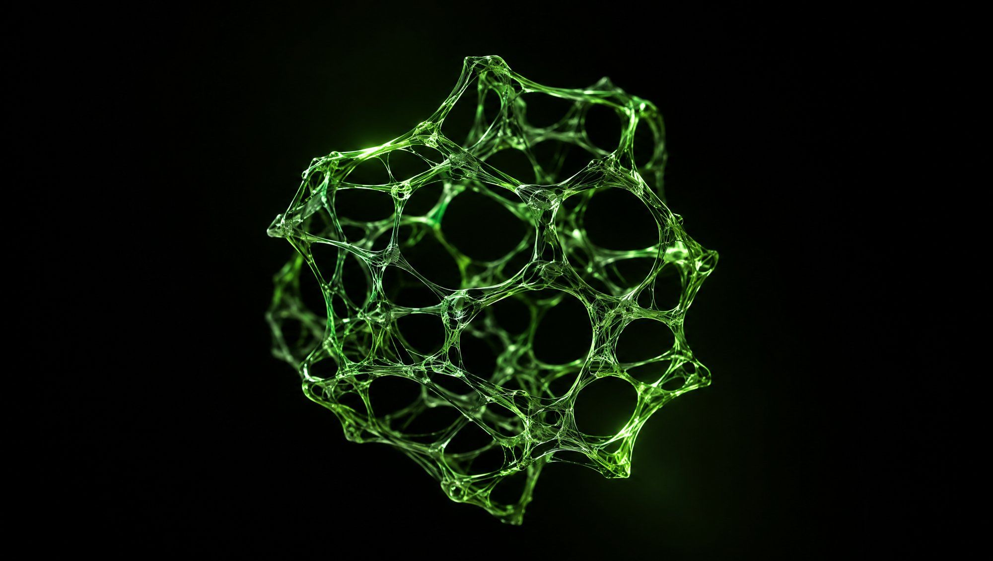An open three-dimensional lattice of thin glowing green glass threads floating in darkness.