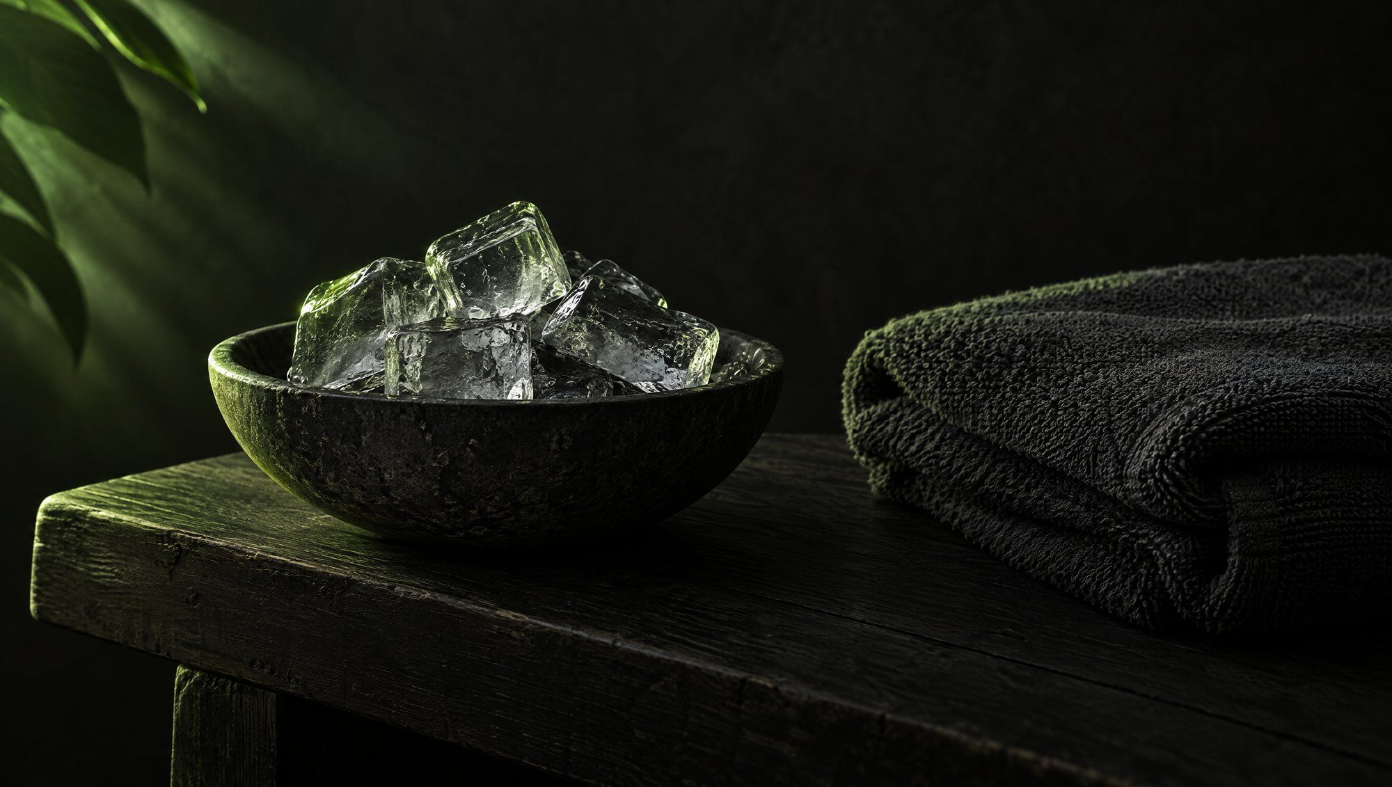 Ice cubes in a dark stone bowl beside a folded dark towel on a worn wooden bench, with green leaves at the edge and soft green light.